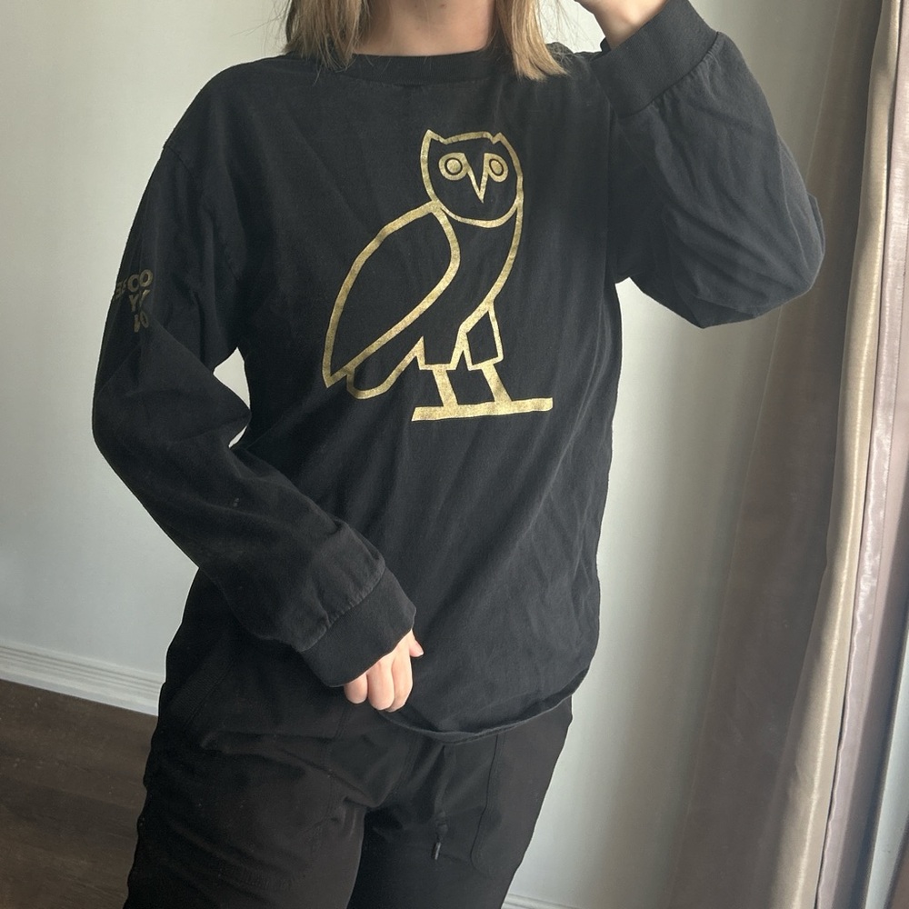 OVO Black Long Sleeve Tee with Gold Owl